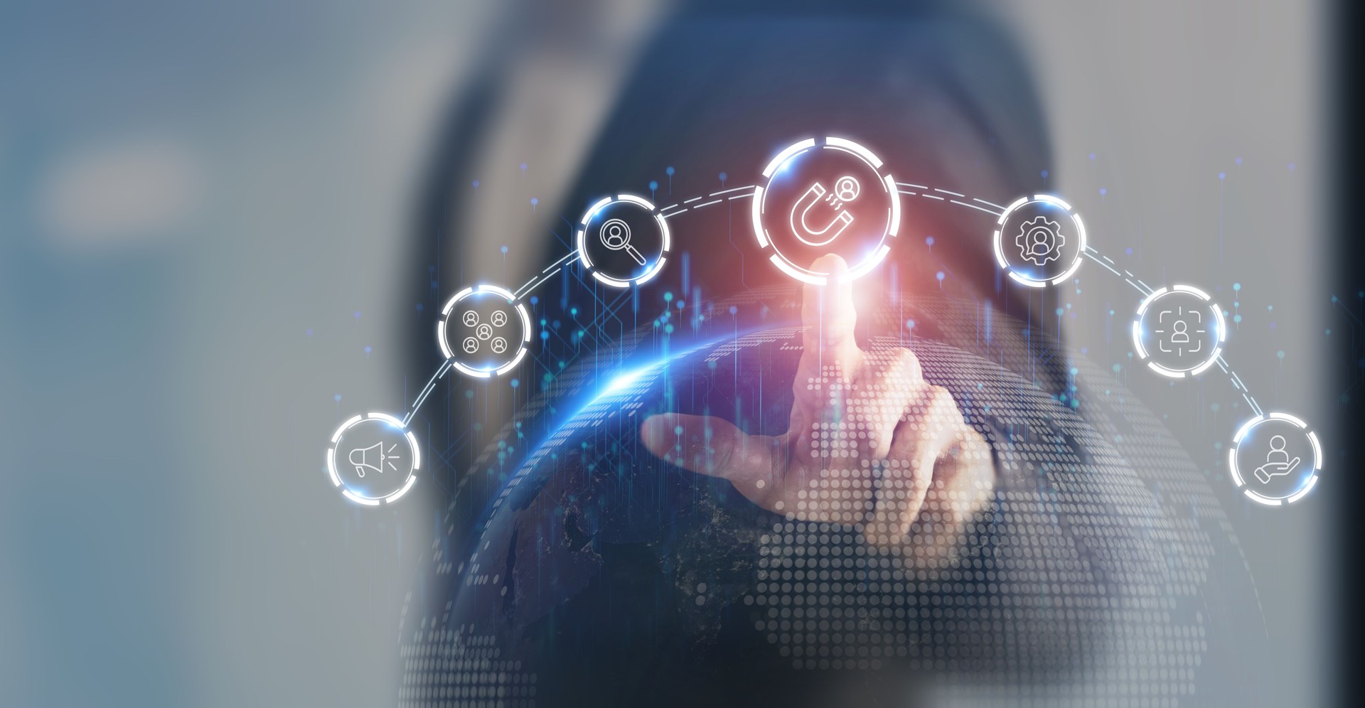 Inbound lead generation concept. Businessman touching on virtual screen with lead generation and strategy icons. Planning  to build  interest in a product or service and  turning interest into a sale.